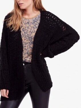 Free People Saturday Morning Cardigan Black Crochet Open Knit Oversized Sz XS/S
